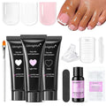 Poly Gel Nail Kit for Toes,GlimightyX Polygel Toenail Kit 3 Color Clear Pink White Poly Gel with 16 Sizes Dual Forms 40ml Slip Solution Nail Clips File Brushes,Toenail Extension DIY Salon Home
