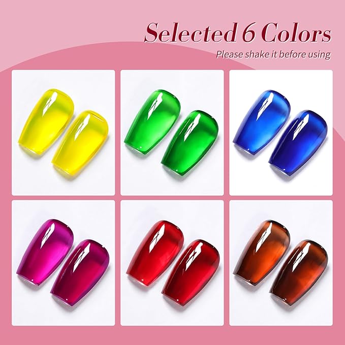 Born Pretty Jelly Gel Nail Polish Spring Summer Neon Gel Polish,Brown Blood Wine Red Blue Purple Green Translucent Effect,Soak Off U v LED Light Cure Nail Art Kit for Salon Manicure and DIY at Home