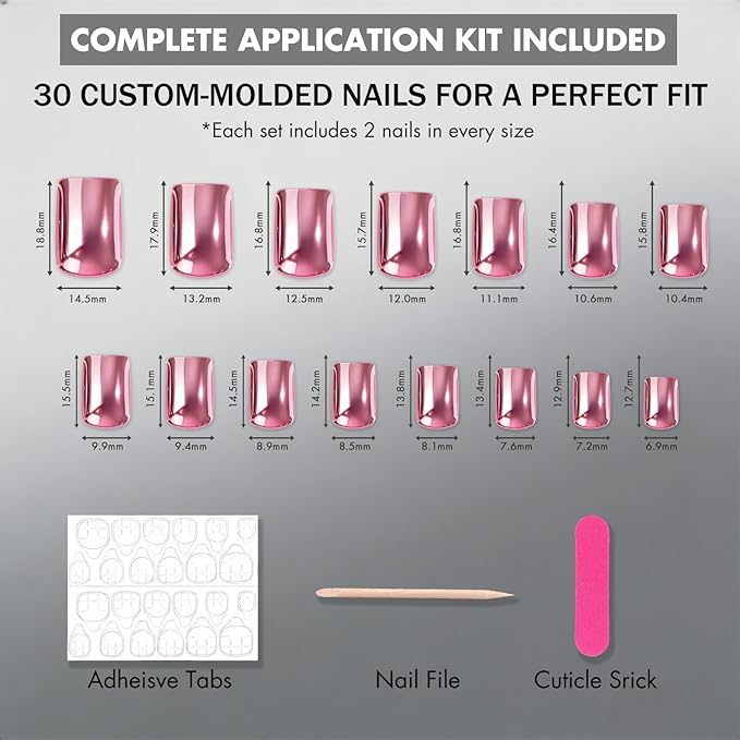 Chrome Press on Nails Short Square, Metallic Red Fake Nails with a Sparkle Mirror Finish, Glitter Glue on Nails for Women Birthday Party, Thick Quality Soft Gel Nail Press ons 30 Pcs