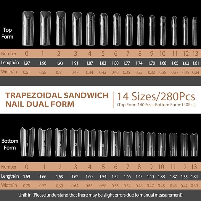 Sandwich Nails Dual Forms,280Pcs Long Square Reusable Nail Extension Forms with Silicone Polygel Stick,Easy Demolding & Intuitive Operation for DIY & Professional Use