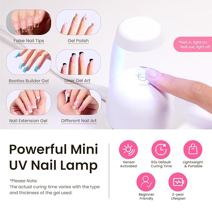 Beetles Tipex Gel Nail Kit Short Coffin Instant Apex Nail Tips, 224 Pcs 16 Sizes Pre-Building Pre-Etched False Nail Tips with Tipex Uv Nail Glue,Mini Nail Lamp-Thick Acrylic Nail Set