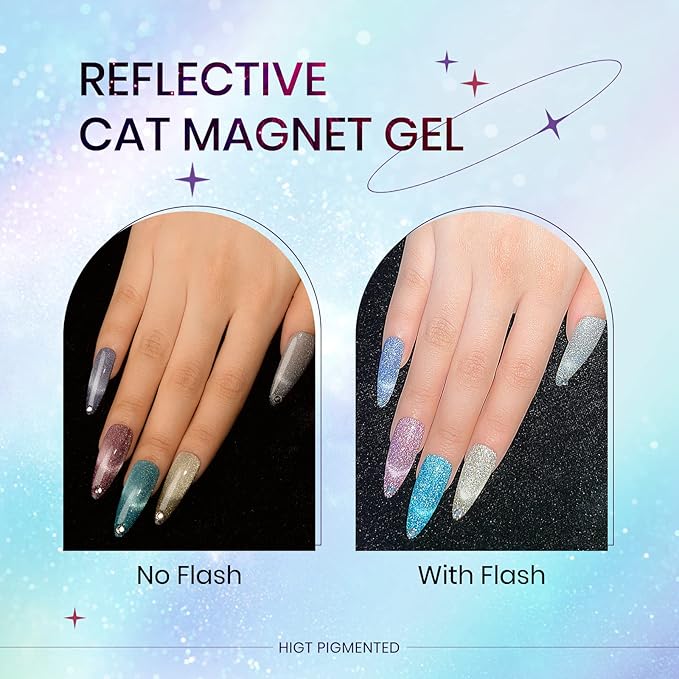 Reflective Cat Eye Gel Nail Polish Sparkling Holographic Magnetic Nail Polish Gels 9D Cateye Gel Polish Set 12 Colors with Magnet for Home DIY Manicure Nails Salon