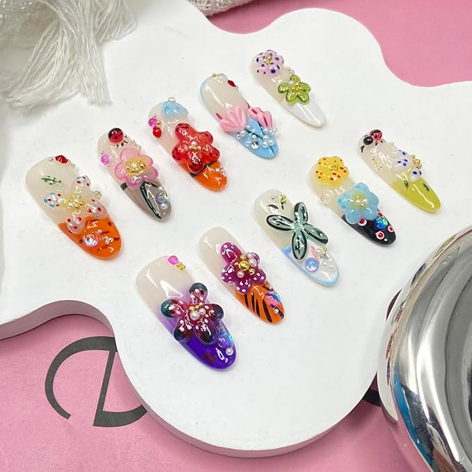 Handmade Press on Nails Colorful Flower Press on Nails Medium Almond Fake Nails Rhinestones Acrylic Nails Reusable Flower False Nails Glossy Designs for Women Girls DIY Manicure Decorations (Size M)