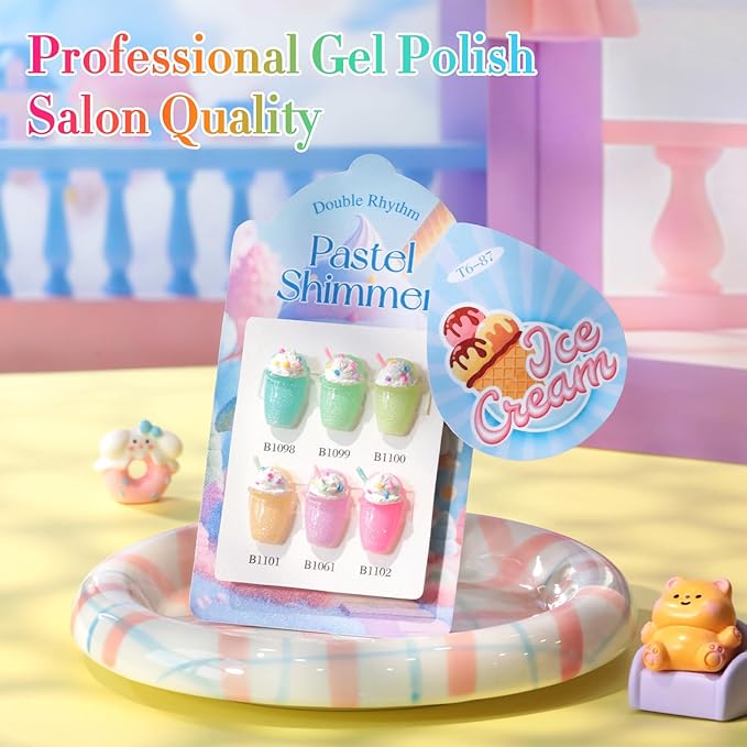 Double Rhythm 6 Pcs 15 ML Glitter Gel Polish Set Same Color Same Bottle Soak Off Gel Polish Kit Nail Art Manicure Salon DIY at Home (Shimmer Pink Green Blue Purple Orange Yellow-T6-87)