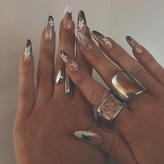Press on Nails Medium Almond MABKJLF French Tip Fake Nails Nude Full Cover White Gold Nail Tip False Nails with Star Designs Rhinestones Glossy Glue on Nails Artificial Nails for Women Girls 24Pcs