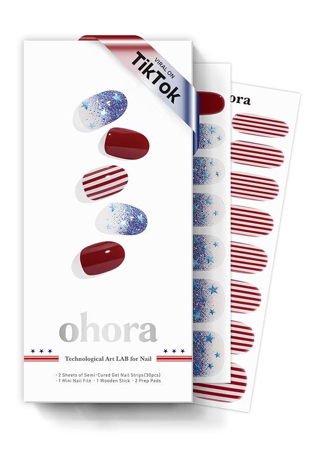 ohora Semi Cured Gel Nail Strips (N Spangled Burst) - Salon-Quality, Long Lasting, Easy to Apply & Remove - Includes 2 Prep Pads, Nail File & Wooden Stick