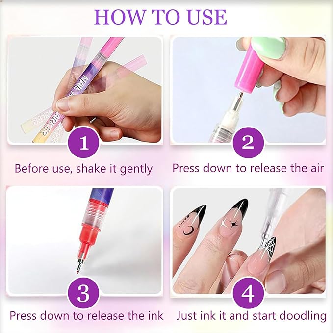 12 Colors Nail Art Pens Set, Nail Art Markers for Painting Nails - 0.5mm Fine Tip Nail Pens for Nail Art, Water-Based Quick Dry Nail Art Supplies Kit, Solid Color DIY Nail Art Tools