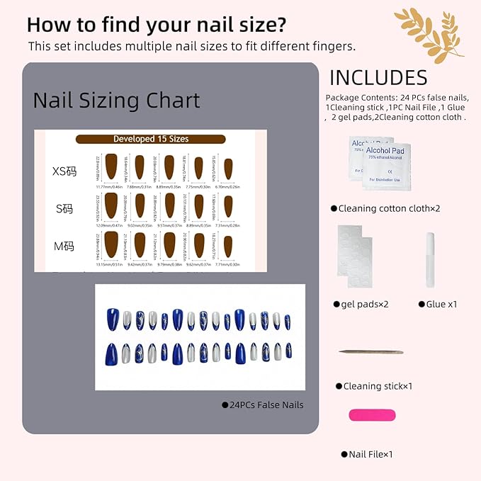 30 Pcs Long Almond Press On Nails - Dark Blue Glitter Gold Star Design, Glossy Reusable Fake Nails with Adhesive Tabs,Easy Application Manicure Set for Work, Party & Daily Use