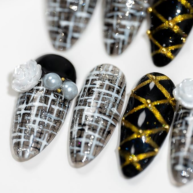 Sun&Beam Nails Handmade Medium Long Almond Black False Nail Tips with Cute 3D White Flower Popular Charm Design Press On Nails 10 Pcs (#79 XS)