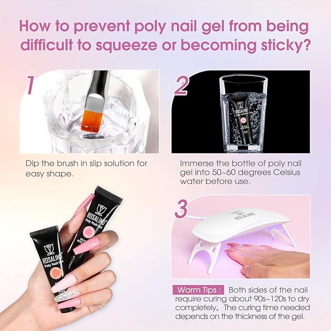 ROSALIND Poly Nail Gel Kit -16 Colors + Nude Pink Nail Art Accessories kit Clear Nude Poly Nails Gel Kit Starter Kit With Slip Solution Nude Pink Nail Extensions Gel Set with Mini UV Lamp