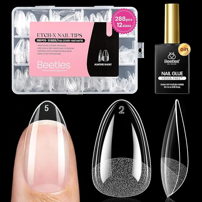 Beetles Gel Nail Kit Etch-X, Almond Short, 288pcs 12 Sizes Nail tips, with 10ml Hema-Free Nail Glue Gel, Glue on Nails for Acrylic Press On Nail, Pre-Etched Half Matte Extension Set for Home DIY