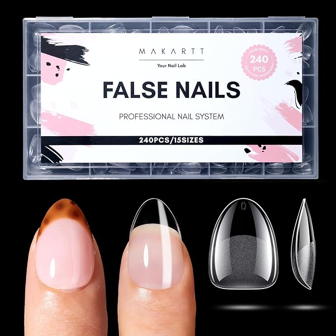 Makartt Extra Short Almond Nail Tips: 240PCS, 15 Sizes, Half Matte, Clear Fake Nails - Full Cover Soft Acrylic Press On Nail Extensions Supplies Salon and Home DIY for Flat & Natural Nail Beds