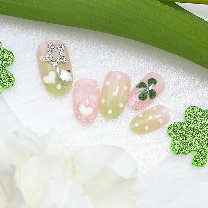 24Pcs St. Patrick's Day Press on Nails Short Oval Spring Fake Nails with 3D Bow Acrylic Nails Irish Shamrock Glue on Nails Green French Tip False Nails Polka Dots Stick on Nails for Holiday Manicure