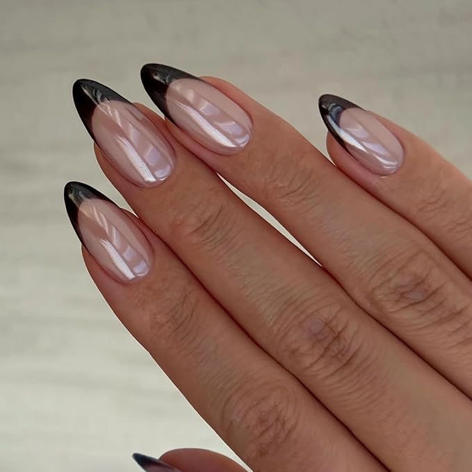 Pearlescent Press on Nails Medium, Glazed Black French Fake Nails Almond Chrome Acrylic Press Ons for Women, Natural Fit Full Cover Glue on Nails in 12 Sizes - 24 Pieces Nail Kit