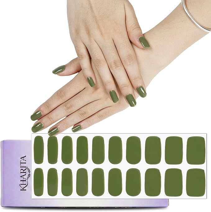 Semi Cured Gel Nail Strips – Real Gel Nail Polish Wraps for Brittle Nails | Waterproof Long Lasting Easy Peel-Off Removal | Hema-Free | 20-Piece Grass Green Salon Kit with File & Stick