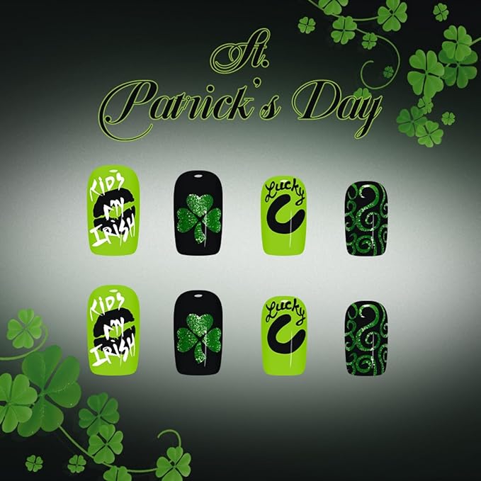 Short Square Press on Nails St. Patrick's Day Fake Nail with Winter Geen Designs False Nails Press Ons Gift for Women 24pcs