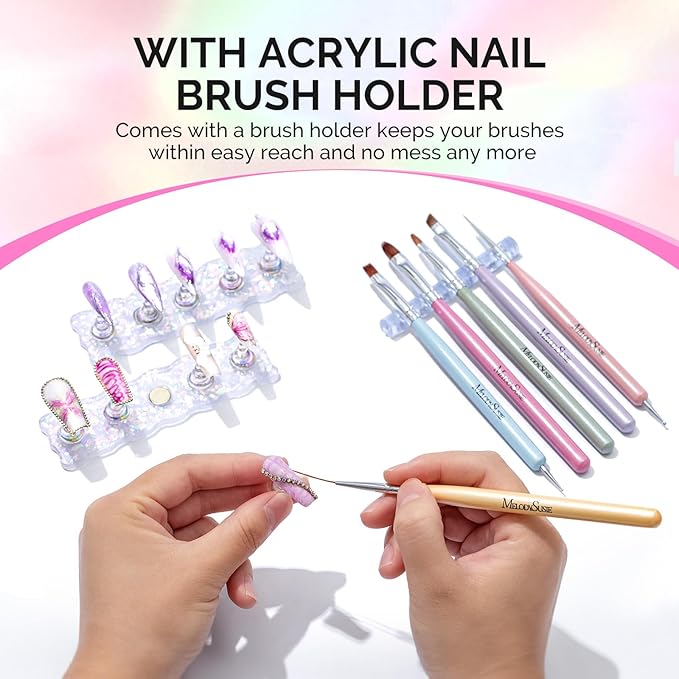 MelodySusie Nail Stand for Press Ons, White Shiny Acrylic Magnetic Base for Painting Display with Brush Holder and 100 Pcs Reusable Double-Sided Tape for Home DIY Salon Supplies