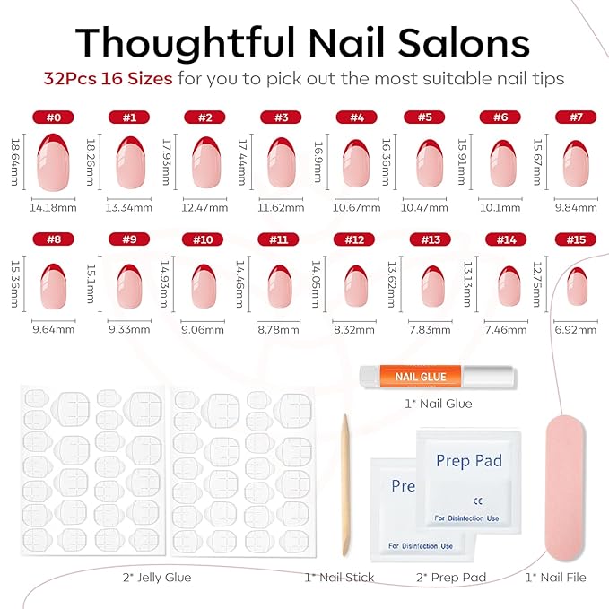 Modelones Red French Tip Press on Nails Short, Spring Oval Fake Nails, Reusable Nail Kit with Nail Glue Adhesive Tabs Mini Nail File, Nails Press Ons 32Pcs 16Sizes, Women Girl Gift