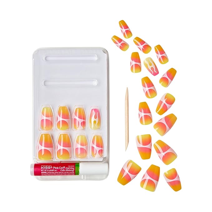 Goldfinger Trendy False Nails Kit, Long Coffin Design Nail, Playful Yellow Pink Abstract Print, Ready to Wear Gel & Manicure Stick Included, Long-Lasting Convenient & Easy to Apply