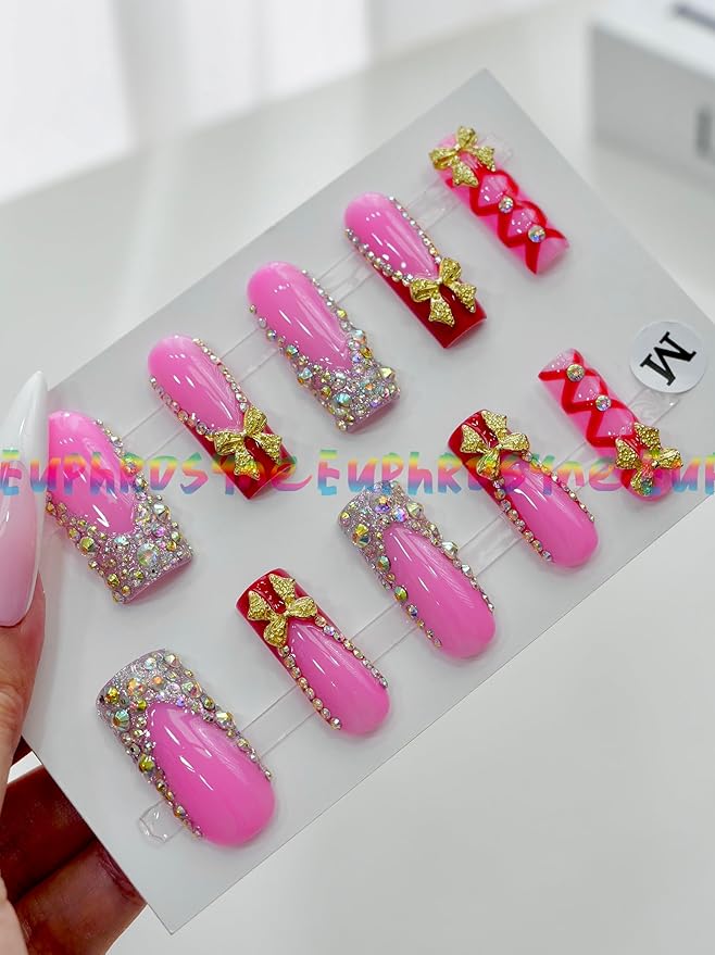 10PCS Pink and Red Gift Wrap Press On Nails – Long Coffin Fake Nails with Rhinestones & 3D Gold Bow Charms, Glossy Reusable Holiday Nails for Women and Girls – Euphrosyne