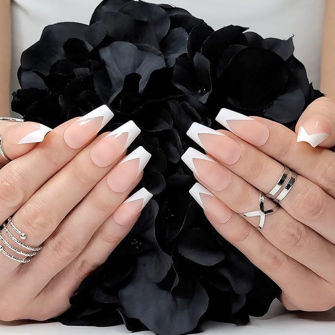 Hypnaughty 24 Pcs Modern White French Coffin Press On Nails with Design and Glue Medium Long Glue on Nails Nude Color False Nails (Modern White French)