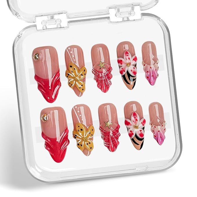 Flower Press on Nails Handmade Long Almond Muti-Layer Gel French Fake Nails 3D Waterdrop Pattern Floral Embossed Design Golden Stars and Hearts False Nails Luxury Acrylic Nail for Women (Size S)