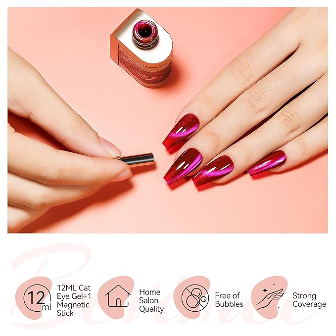 Cat Eye Gel Polish - Holographic Jelly Hot Pink Magnetic Nail Polish With Magnet, Red Color Translucent UV Gel Crystal Manicure Salon DIY for Valentine's Day at Home, 12ml