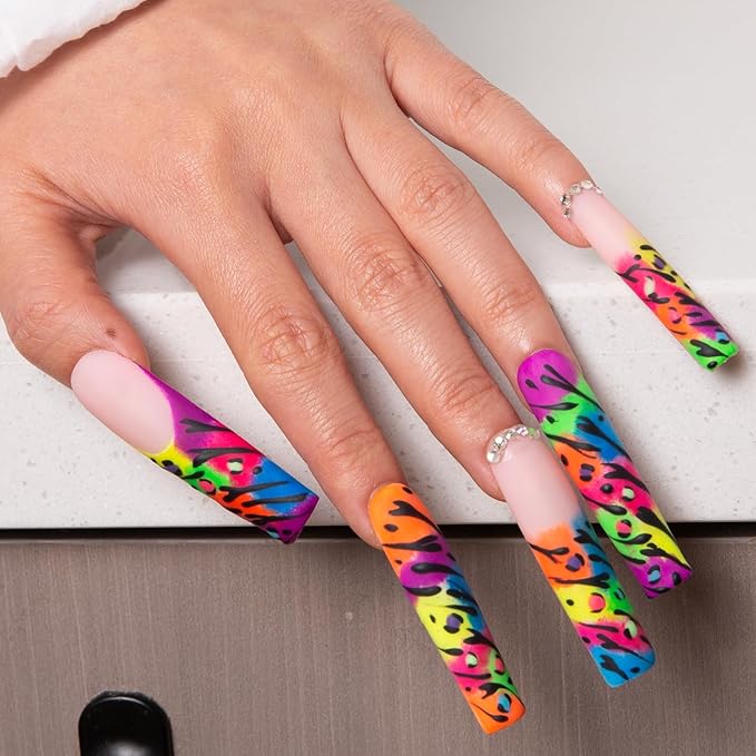 LOVFUL Press on Nails Illusion | Handmade with Full Covered Crystals | Reusable Fake Nails | Square | H123-S, pink