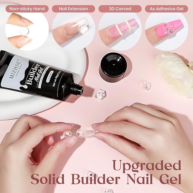 MIZHSE Solid Builder Gel, 2.1oz/60g Clear 3D Nail Gel Builder for Nails Non-sticky Simple Sculpture Molding Gel for Beginner & Professional DIY Salon Nail Art Design Home Manicure