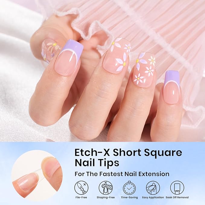 Beetles Gel Nail Tips Square Short, 288Pcs 12 Sizes Pre-Etched Half Matte Full Cover Soft Acrylic False Nail Tips Easy DIY Glue On Etch-X Nail Extension Salon Gift for Women Girls