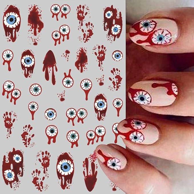 Halloween Eyeball Nail Stickers - 3D Bloody Horror Eyeball Self-Adhesive Nail Decals for DIY Funny Spooky Manicure (6 Sheets)