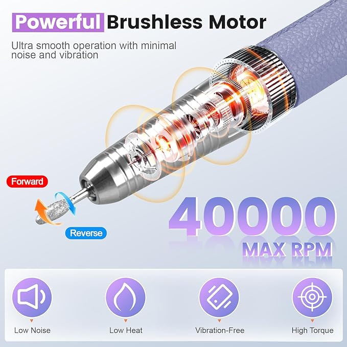 Professional Nail Drill, 40,000RPM Electric Brushless Nail Drill, Rechargeable, Portable, Touch Control, Quiet, Vibration-Free, Cordless Nail File Machine with 7PCS Drill Bits