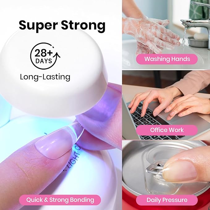 Beetles Gel Nail Kit Etch-X, Almond Short, 288pcs 12 Sizes Nail Tips, 3Pcs 15ml HEMA-Free Nail Glue Top Coat & Base Gel Set, with Mini Lamp, Press On Nail, Long Lasting Extension DIY Set at Home