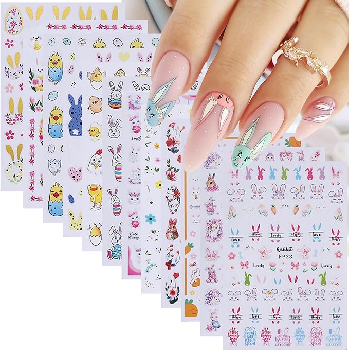 Easter Bunny Nail Art Stickers Decals 12 Sheets 3D Self-Adhesive Cute Rabbit Nail Art Stickers Easter Egg Chick Ears Designs Colorful Flower Daisy Spring Sliders Holiday Manicure Decoration
