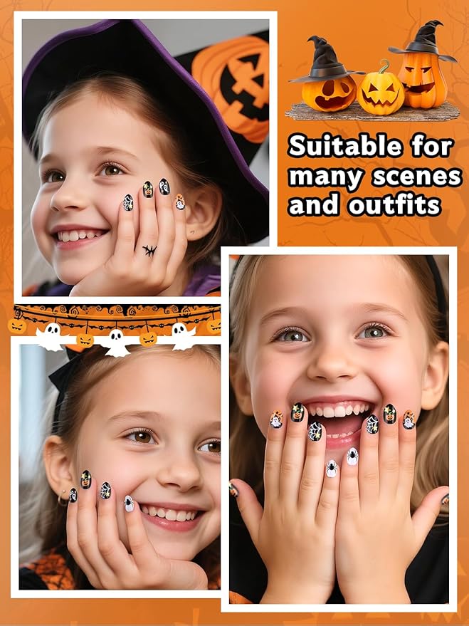 EBANKU Halloween Kid Press on Nails, 24Pcs Almond Fake Nails Kit Full Cover Pumpkin Wed Design Stick on Nail with Nail Glue for Girl