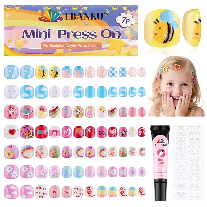 168Pcs Press on Nails for Kids, EBANKU Children Fake Nails Stick on Nails Full Cover Short Acrylic Nail Tips With Nail Tools Set for Christmas Party