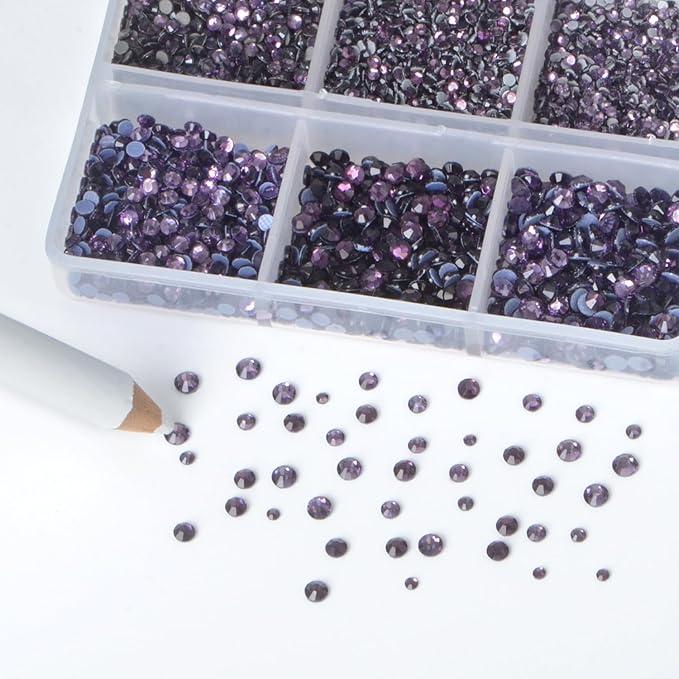 Bymitel Hotfix Crystal Rhinestones Round Gems for Crafts,Mixed 6 Sizes with Wax Pencil Kit, Tazanite1.3-3.2mm(SS3-SS12/8000pcs)