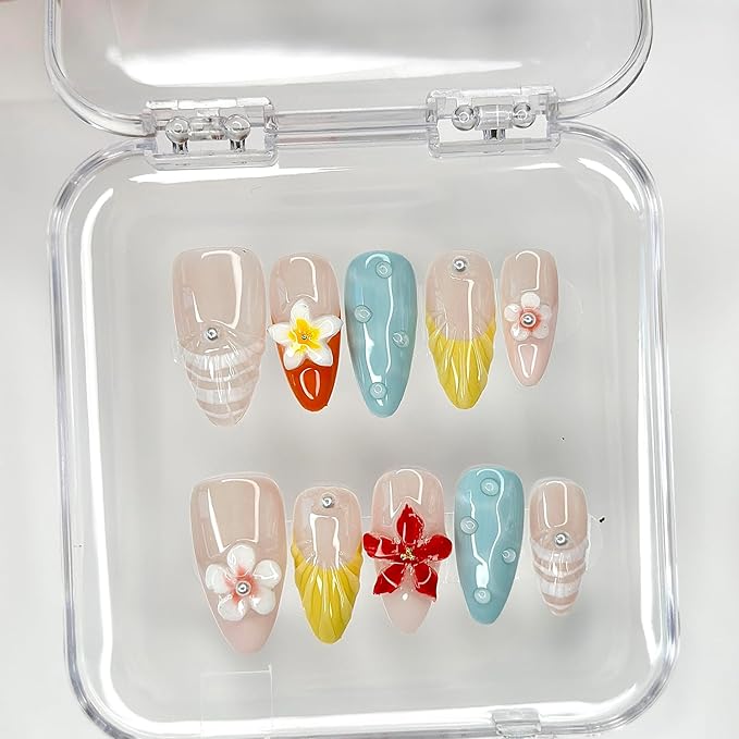 Luxury Press on Nails Medium Almond French Tip Handmade 3D Unique Reusable ABS Material Fake Nails Pastel False Nails with Designs Pearls Floral Art Petal Glossy Glue on Nails Thick Acrylic Nails(M)