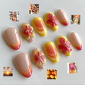 Luxury Press on Nails Short Almond Handmade 3D Unique Reusable ABS Material Fake Nails French Tip False Nails with Designs Flower Yellow&Pink Glossy Glue on Nail Thick Acrylic Nail(S)