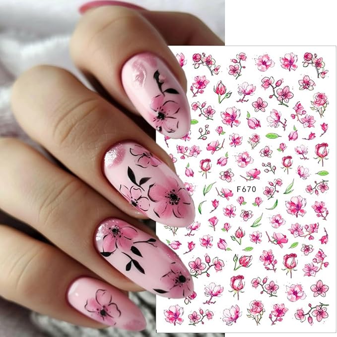 8Pcs Cherry Blossoms Nail Stickers 3D Self Adhesive Pink Flower Nail Art Stickers Spring Summer Peach Blossom Petals Leaves Nail Art Design Nail Decals Floral Nail Supplies for Acrylic Nail Decoration
