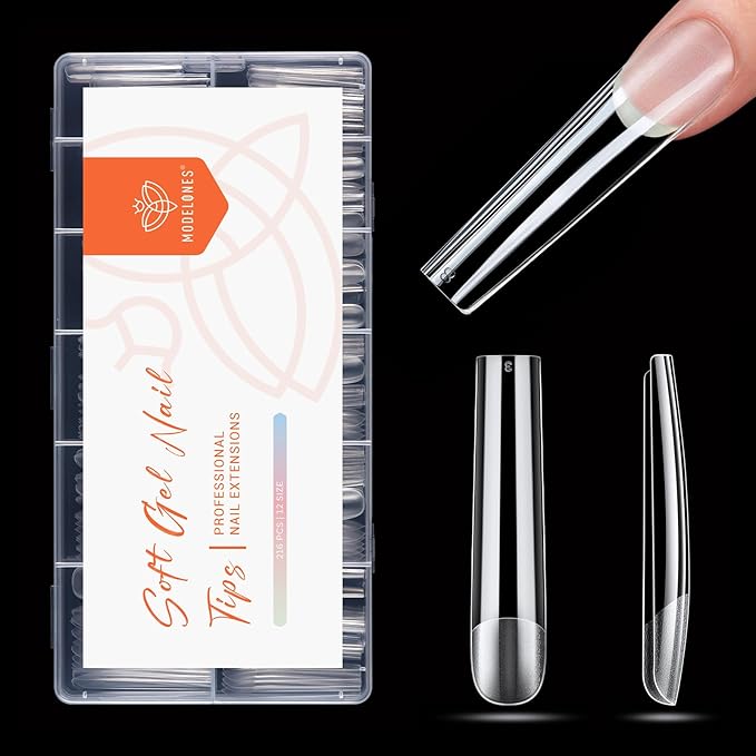 modelones Long Square Nail Tips, 3XXXL Straight Pre-shaped Soft Gel Tips Fake Nails False Acrylic Clear Full Cover Press on Extension Kit Gel Manicure DIY at Home 216PCS 12Sizes