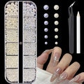 Flatback Pearls Nail Gems with Pickup Pencil and Tweezers, White & White AB Pearls Nail Charms Face gems, Half Round Pearls for Nail Art Face Makeup and Manicure Decor, Rhinestones for Nail