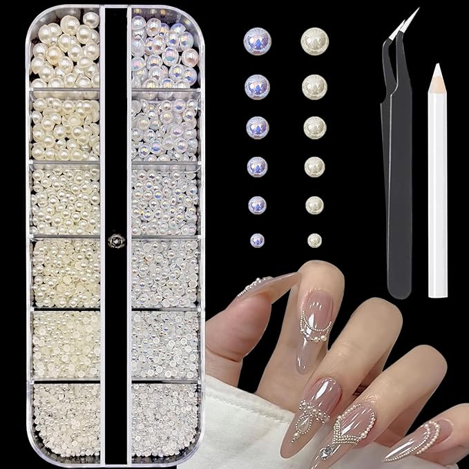 Flatback Pearls Nail Gems with Pickup Pencil and Tweezers, White & White AB Pearls Nail Charms Face gems, Half Round Pearls for Nail Art Face Makeup and Manicure Decor, Rhinestones for Nail
