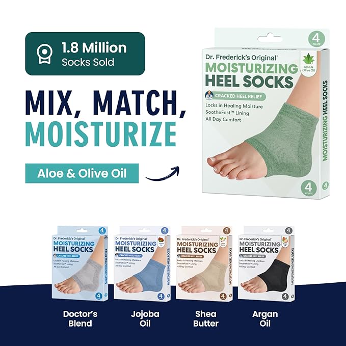 Dr. Frederick's Original Moisturizing Heel Socks for Dry Cracked Heels Treatment - Infused with Olive Oil, Jojoba Oil and Vitamin E - 2 Pairs - Valentines Day Gifts for Her & Him - Green Aloe