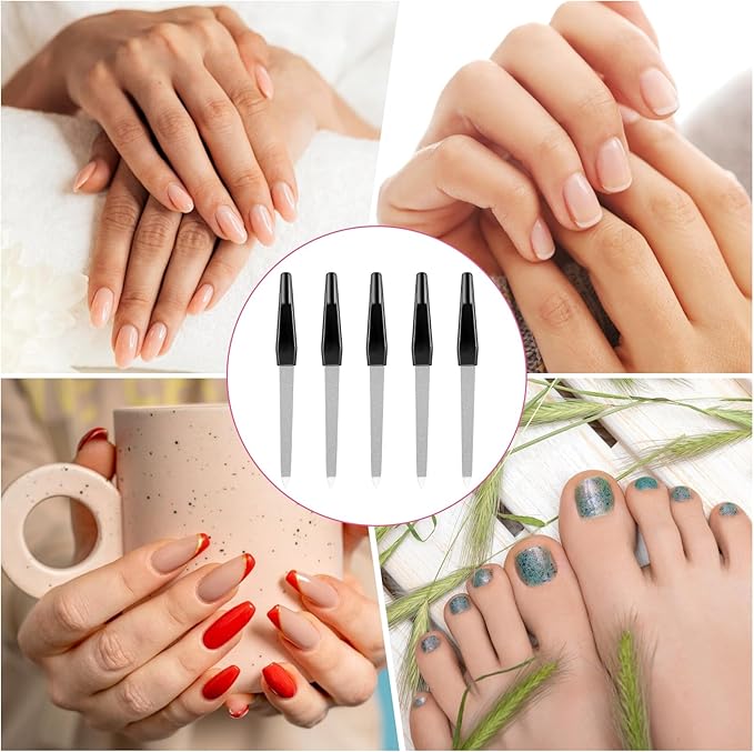 5PCS 6" Finger Nail Files Black Metal Nails File for Natural Nails, Stainless Steel Sword Fingernail Files with Sharp Pointed Tip Non Slip Handle, Diamond Nail Filer for Women Sapphire Grit