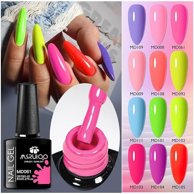 12PCS Bright Gel Nail Polish Kit - Purple, Pink, Green, Rainbow - All Season Fun DIY Manicure Kit