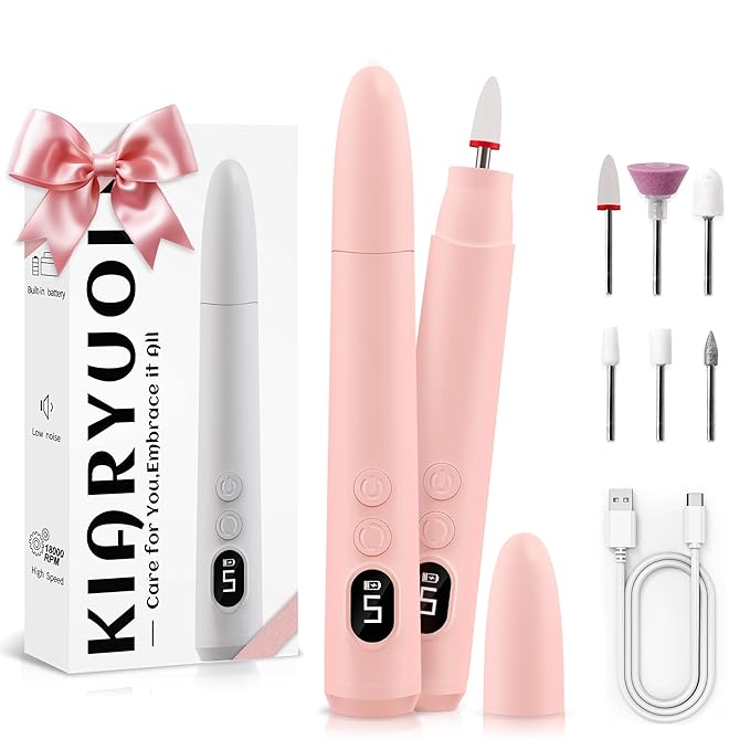 Cordless Electric Nail Drill Kit, Portable Rechargeable Nail Drill Set, Battery Electric Nail File, 5 Speeds Modes, LED Lighting, Reversible Direction, DIY, Professional (Pink)
