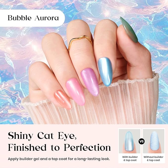 Beetles X Press Cat Eye Nails - Bubble Aurora | 7 Colors Medium Almond Press On Nails | 16 Sizes 224 Pcs Natural Salon Quality Soft Nail Gel Art DIY For Women