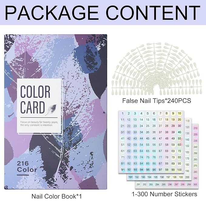 216 Nail Colors Book,Nail Color Display Book with 240 Nail Tips & 1-300 Number Labels,Professional Nail Color Swatches Book for Nail Polish Nails Art Design(Purple)