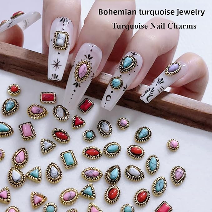 50 PCS Metal Turquoise Nail Charms - Western Cowboy Nail Art Decorations, 3D Nail Gems for DIY Manicure, Mixed Shapes Nail Accessories for Gel Acrylic Nails (B)